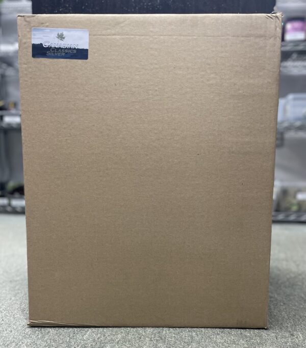 High-quality cardboard box with Canadian Classics Silver label, perfect for discreet storage of premium smoking products, available at VVIP Smokes.